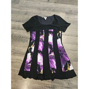 Women's sz 18 Black Purple Floral Print Short Sleeve Dress Career Modesty Fall